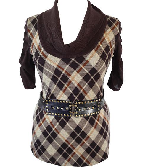 Plus Size Trendy Turtle Neck Plaid Belt Top