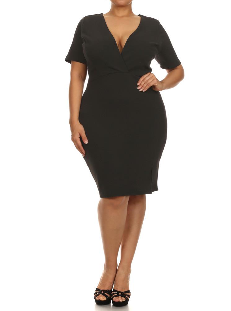 Plus Size Mod Pleats Surplice Black Dress