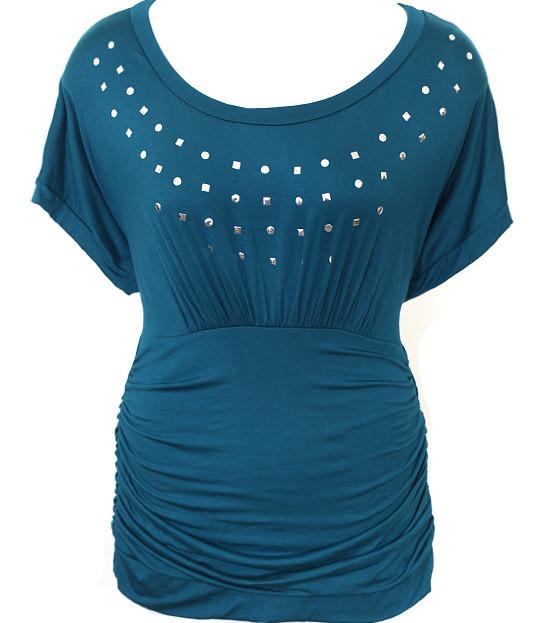 Plus Size Sexy Metal Studded Teal Blouse