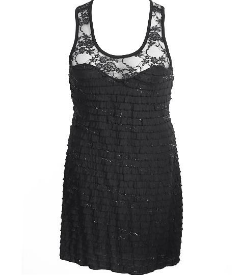 Plus Size Ruffle See Through Lace Black Dress