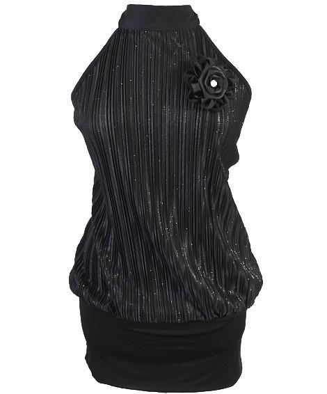 Plus Size Sparkling Pleated Flower Black Long Halter