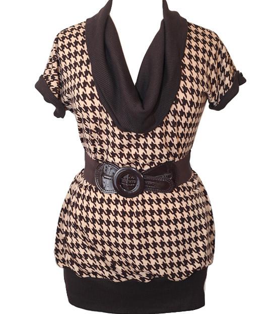 Plus Size Turtle Neck Houndstooth Brown Top