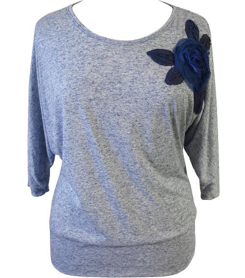 Plus Size Trendy Loose Flower Blue Top