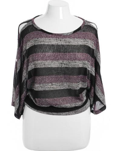 Plus Size Open Shoulder Sparkling Striped Purple Tunic