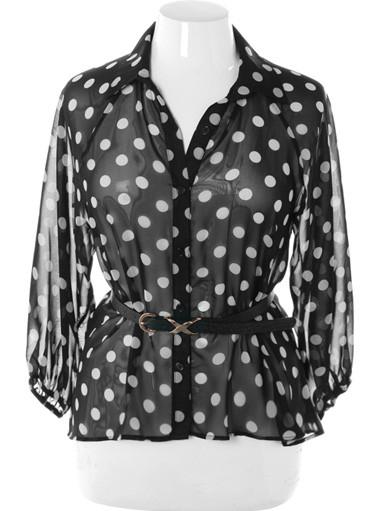 Plus Size Belted Polka Dot See Through Black Button Up