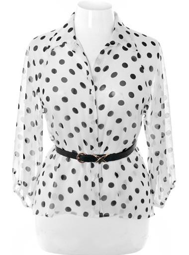 Plus Size Belted Polka Dot  See Through White Button Up