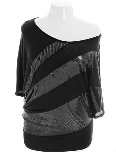 Plus Size Sparkling Wide Collar Sexy Black Top