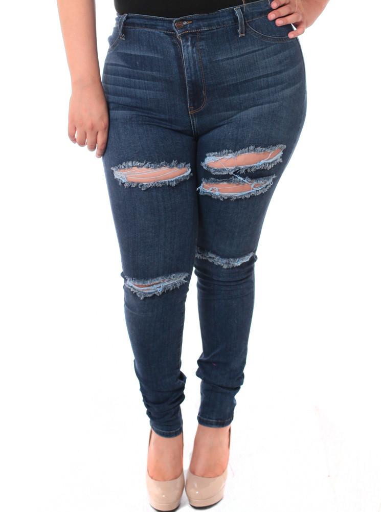 Plus Size High Waist Slashed Dark Blue Jeans