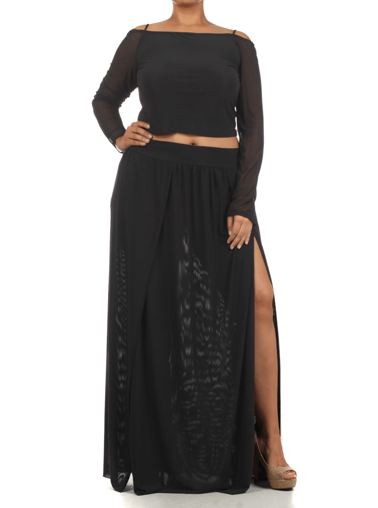 Plus Size Sexy Crop Top Scuba Mesh Black Skirt Set