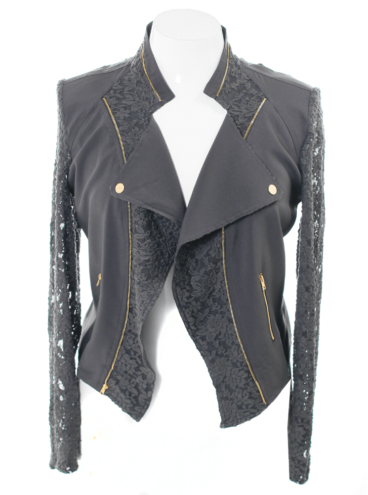 Plus Size Lace Sleeves Grey Biker Jacket