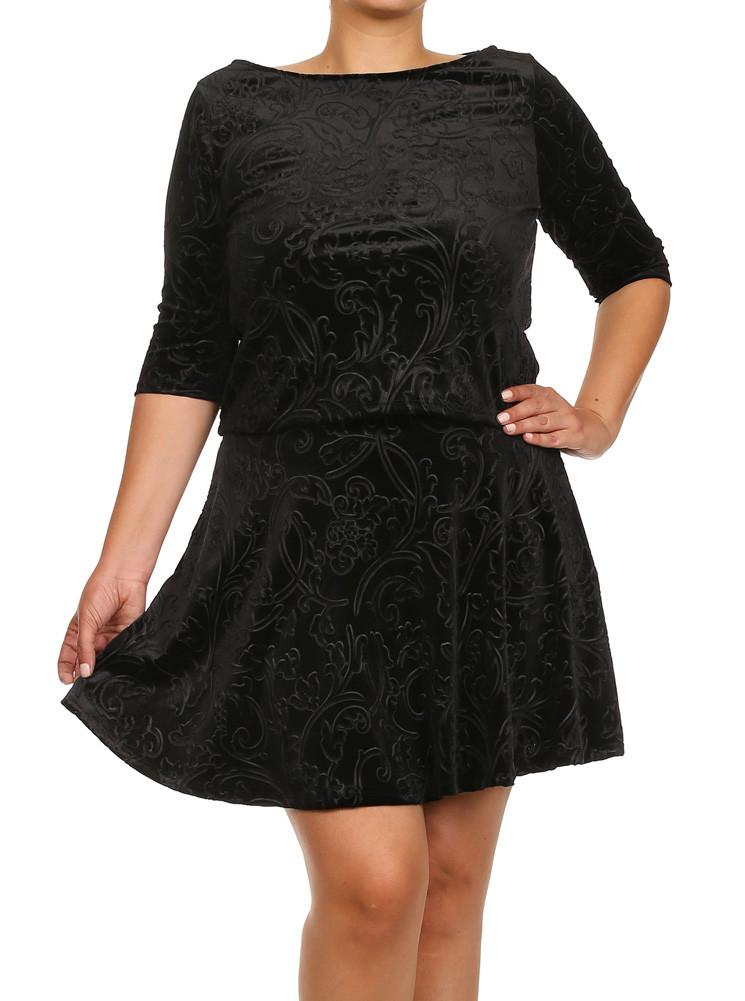 Plus Size Velvet Floral Print Black Skirt Set