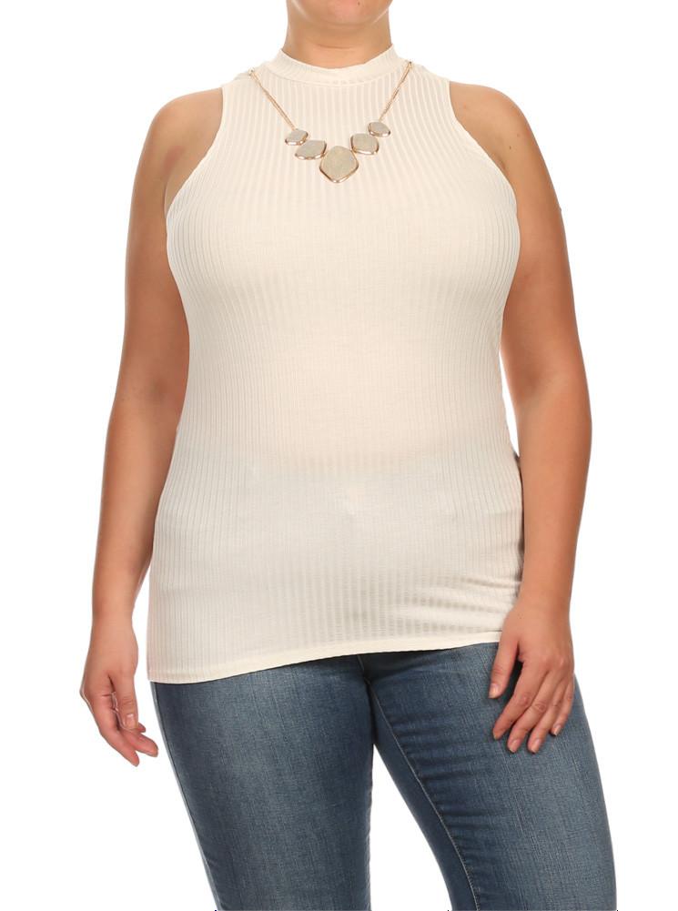 Plus Size Gem Mock Turtle Neck Ribbed Off White Top