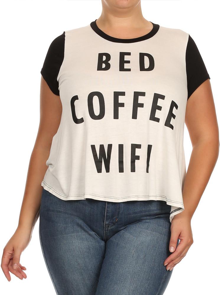 Plus Size Bed, Coffee, WiFi Raglan Black Top