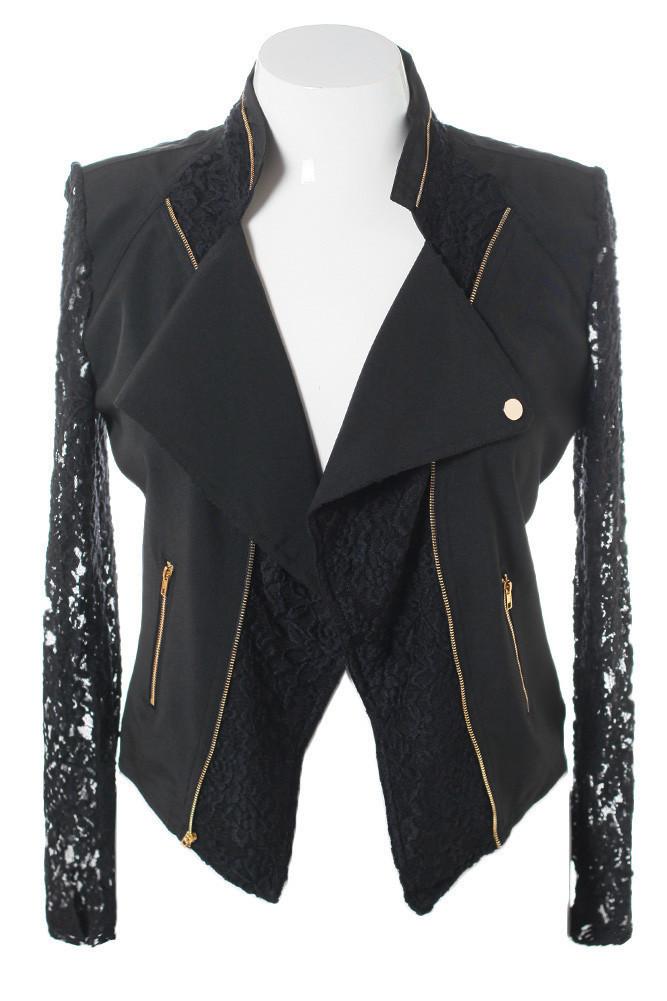 Plus Size Lace Sleeves Black Biker Jacket