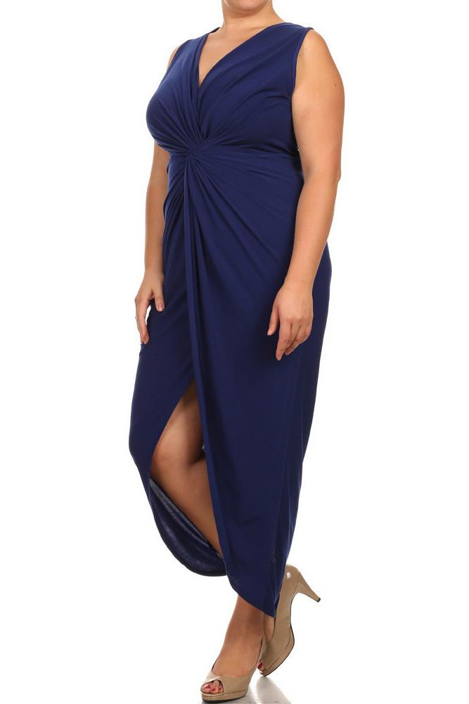 Plus Size Luring Knot Front Navy Blue Maxi Dress