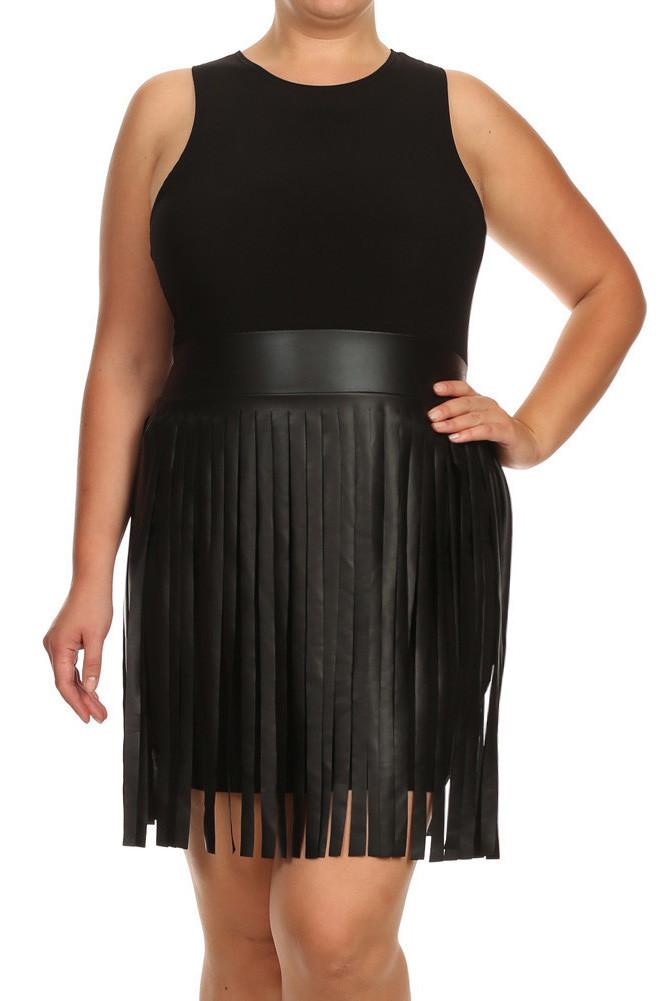 Plus Size Sway In Faux Leather Fringe Black Dress