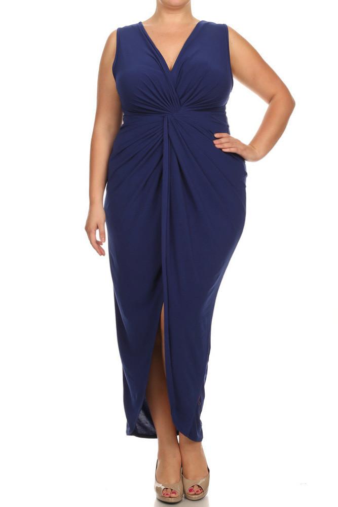 Plus Size Luring Knot Front Navy Blue Maxi Dress
