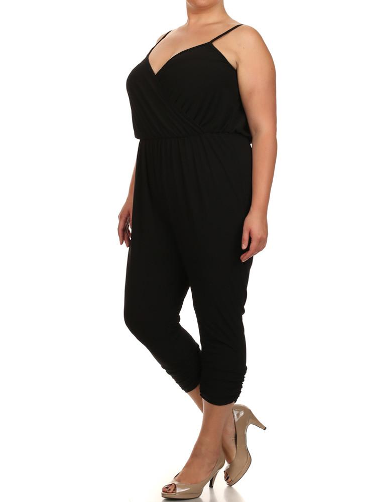 Plus Size Dashing Surplice Neckline Black Jumpsuit