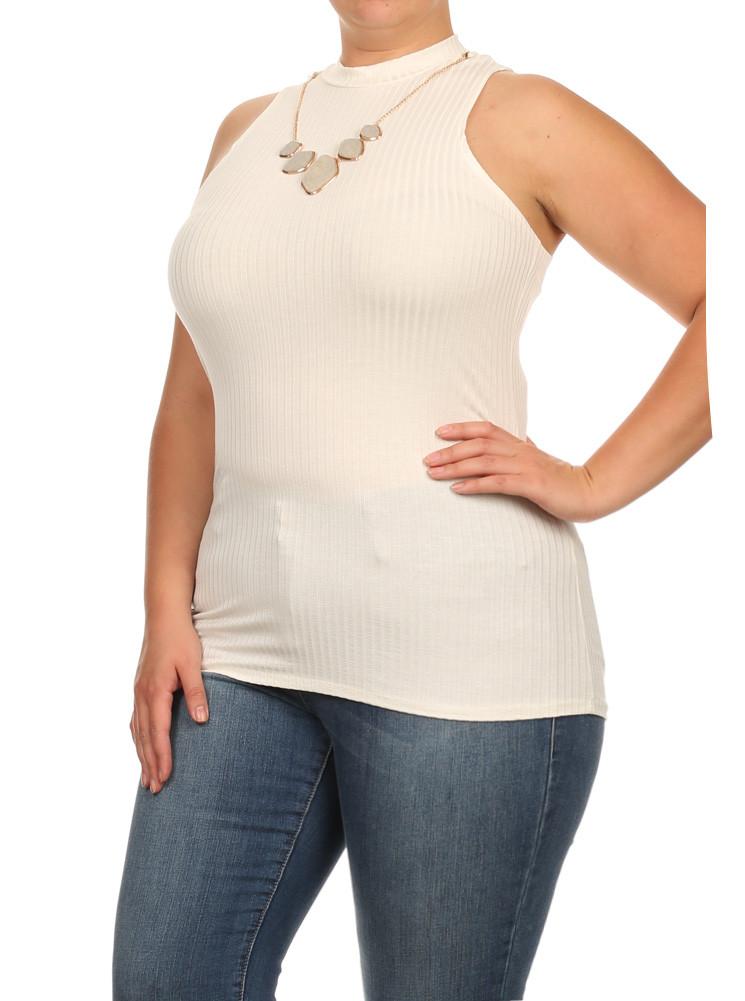 Plus Size Gem Mock Turtle Neck Ribbed Off White Top