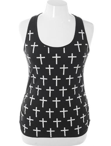 Plus Size Trendy Cross Print Black Tank Top