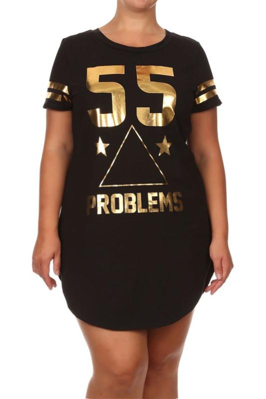 Plus Size Rihanna Gold Print Black Shirt Dress