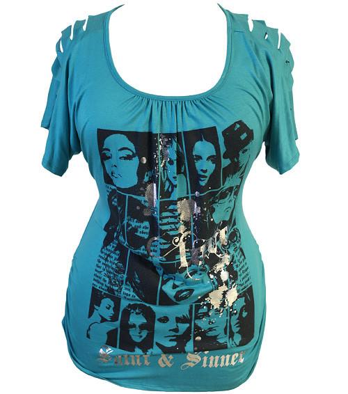 Plus Size Slashed Shoulders Teal Shirt