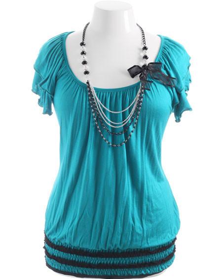Plus Size Sexy Bead Necklace Teal Top