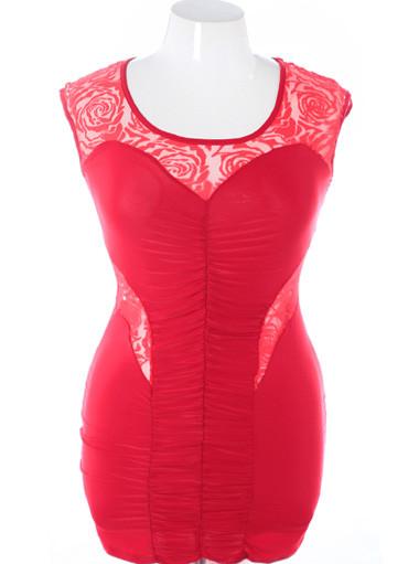 Plus Size See Through Lace Floral Red Club Dress