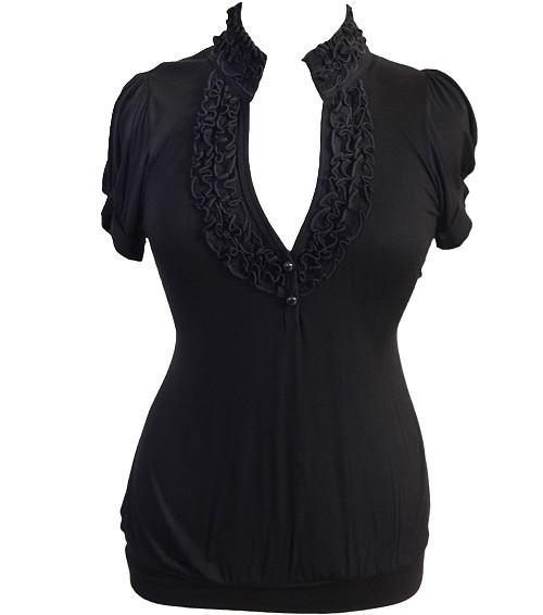 Plus Size Elegant Ruffle Collar Black Top