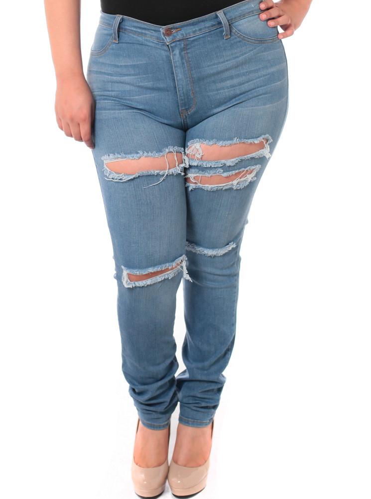 Plus Size High Waist Slashed Light Blue Jeans