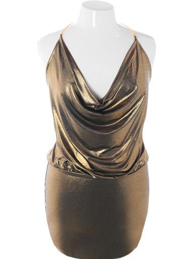 Plus Size Sparkling Gold Cowl Neck Cocktail Dress