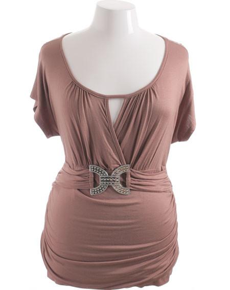 Plus Size Diamond Belt Buckle Brown Top