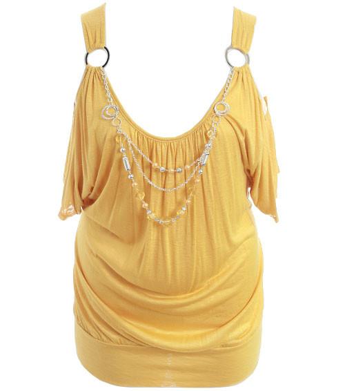 Plus Size Open Shoulder Jewelry Yellow Top