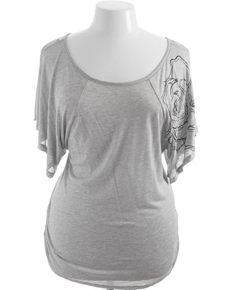 Plus Size Flutter Sleeve Beaded Grey Top