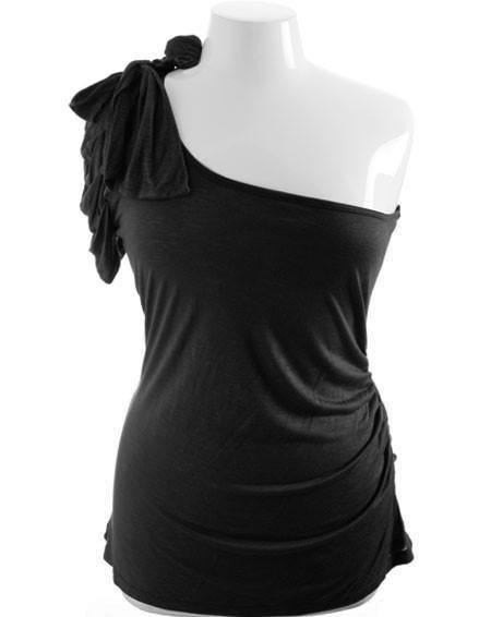 Plus Size Single Shoulder Ribbon Bow Black Top