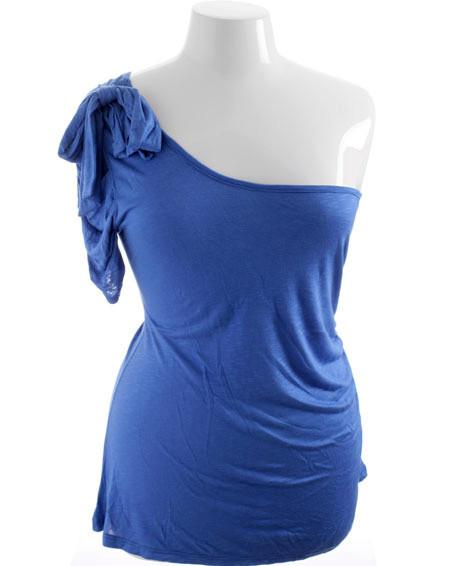 Plus Size Single Shoulder Ribbon Bow Blue Top