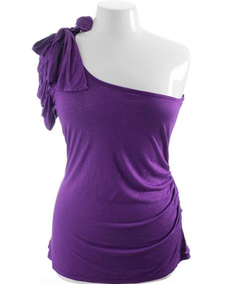 Plus Size Single Shoulder Ribbon Bow Purple Top