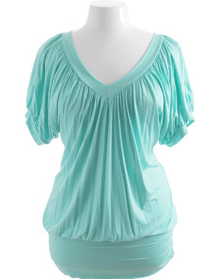 Plus Size Loose Deep V Neck Aqua Top