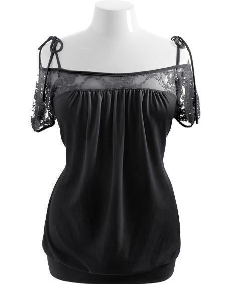 Plus Size Drop Shoulder See Through Lace Black Top