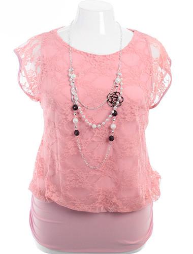 Plus Size Layered Lace Blouse Pearl Necklace Pink Top