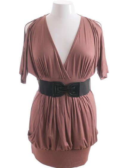 Plus Size Sexy Open Shoulder Belted Taupe Mini Dress