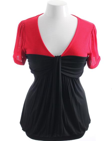 Plus Size Two Tone Loose Pleat Red Top