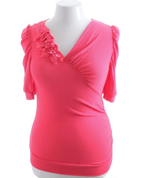 Plus Size Poof Sleeve Flower Pink Top