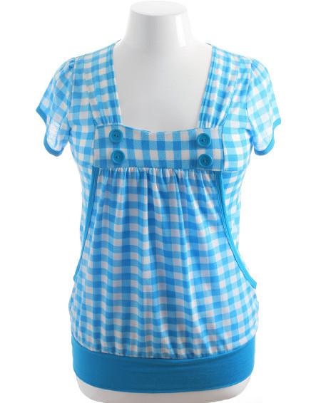 Plus Size Layered Plaid Button Blue Top