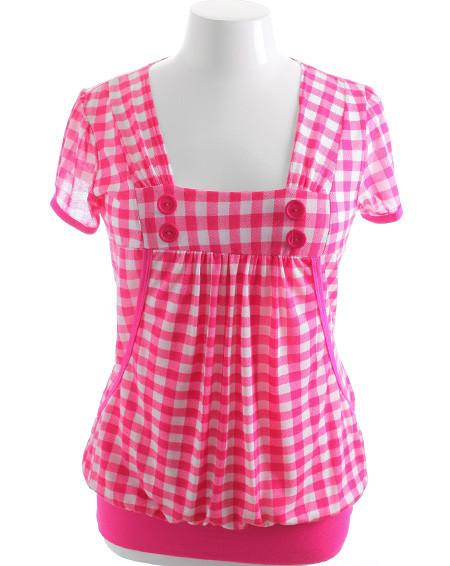 Plus Size Layered Plaid Button Pink Top