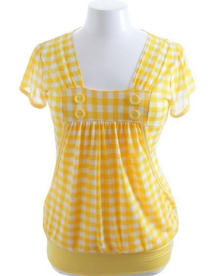 Plus Size Layered Plaid Button Yellow Top