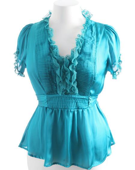 Plus Size Lace Ruffle Satin Blouse Teal Top