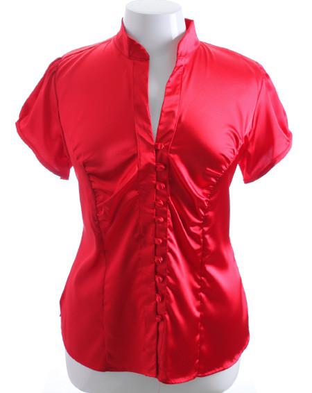 Plus Size Sexy Asian Satin Red Button Up