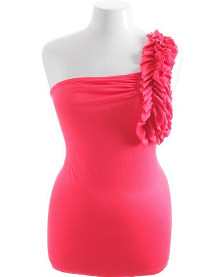 Plus Size One Shoulder Ruffle Pink Top