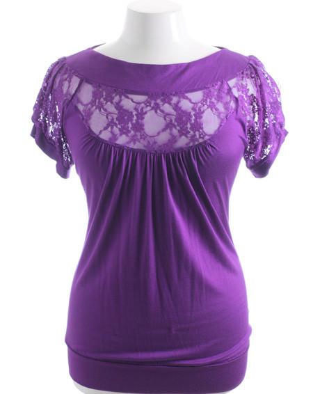 Plus Size Sexy See Through Lace Purple Top